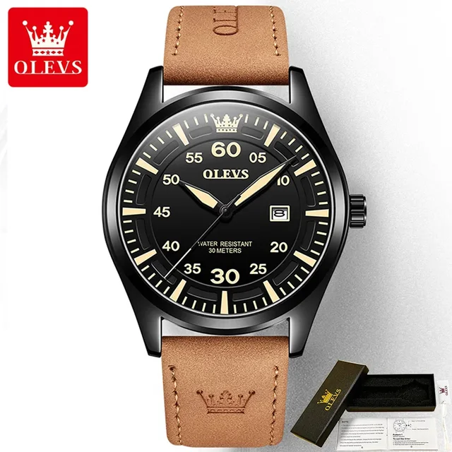 OLEVS 9962 Genuine Leather Strap Waterproof Men Wristwatches, Quartz Multi-function Children Fashion Watches For Men Calendar