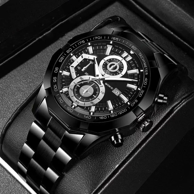 WOKAI high quality luxury room gold Men's Business steel band quartz watch Men's sports calendar waterproof clock retro