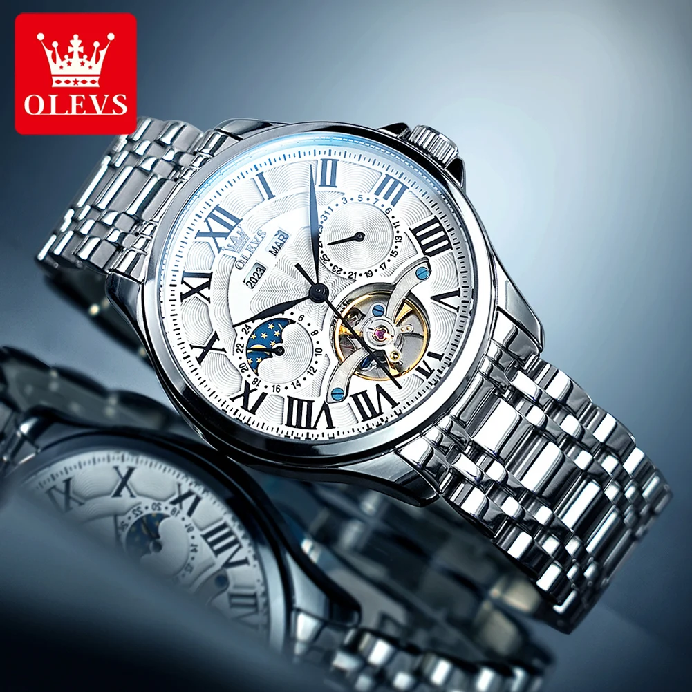 OLEVS Original Fashion Men's Watches Multifunctional Waterproof Moon Phase Automatic Mechanical Male Watch Perpetual Calendar