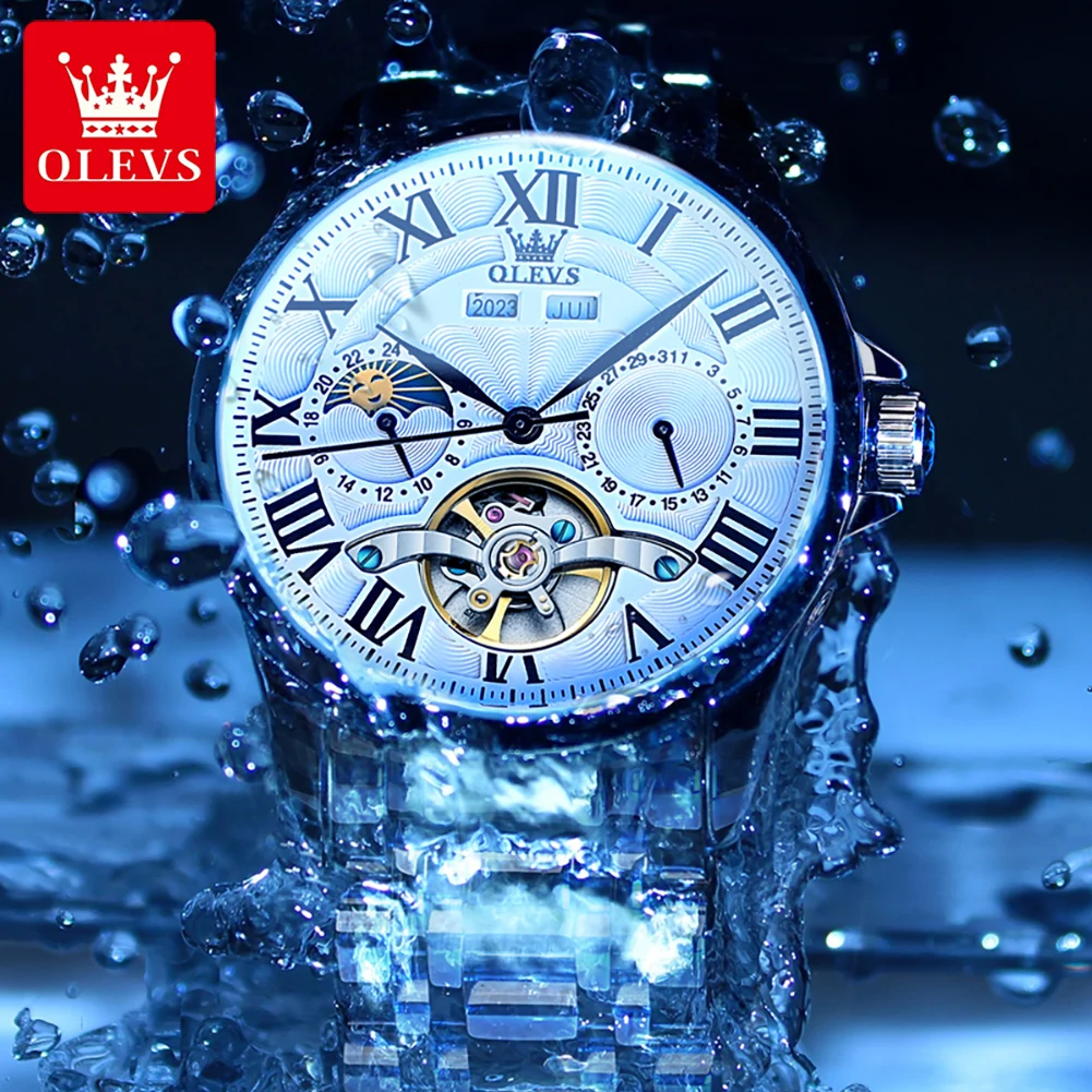 OLEVS Original Fashion Men's Watches Multifunctional Waterproof Moon Phase Automatic Mechanical Male Watch Perpetual Calendar