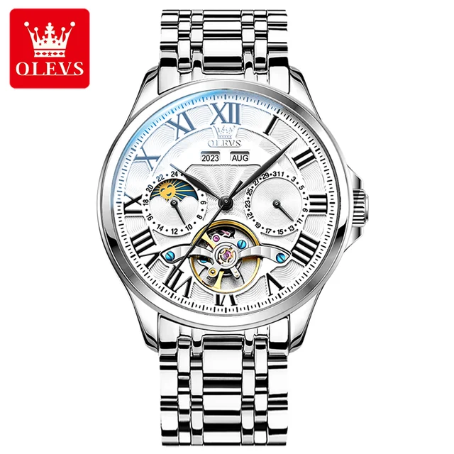 OLEVS Original Fashion Men's Watches Multifunctional Waterproof Moon Phase Automatic Mechanical Male Watch Perpetual Calendar