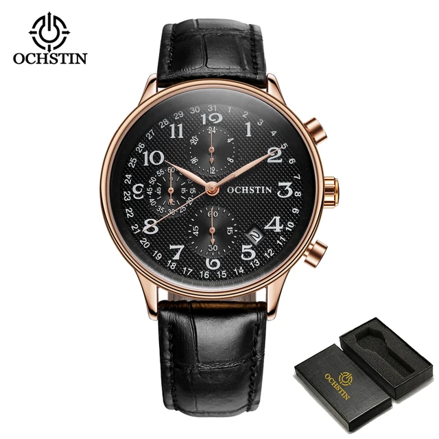 OCHSTIN Mens Watches Luxury Chronograph Military Sport Watch Analog Quartz Wristwatch Navy Blue Leather Belt Gift for BoyfriendP