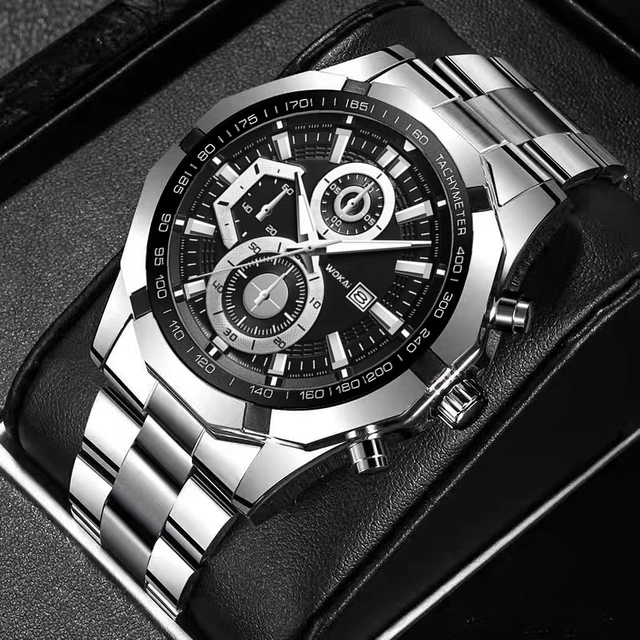 WOKAI high quality large dial men's European style waterproof luminous personality calendar watch boy business clock retro