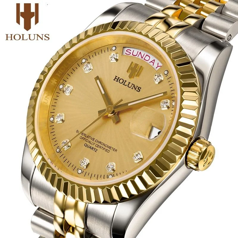 Holuns Luxury Classic 36/41mm Gold Men Watches Japan MIYOTA Quartz Movt Stainless Steel Classic Business Wristwatch Waterproof