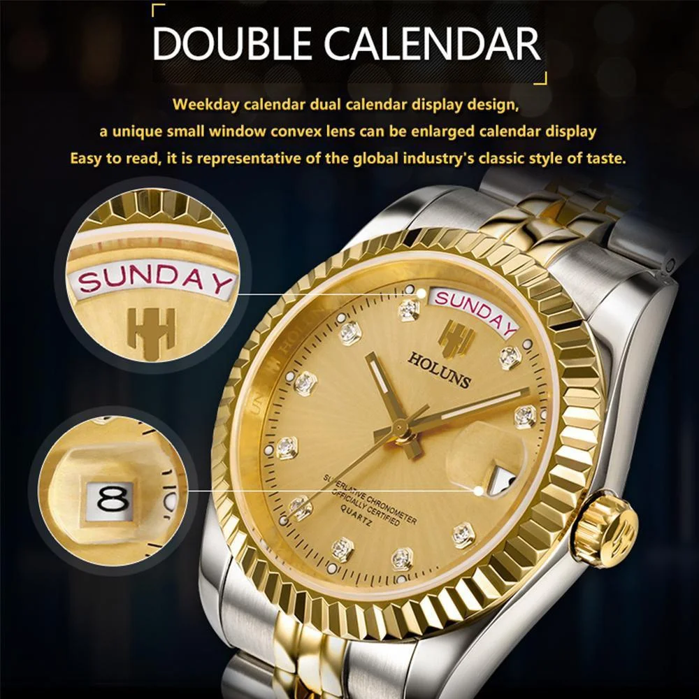 Holuns Luxury Classic 36/41mm Gold Men Watches Japan MIYOTA Quartz Movt Stainless Steel Classic Business Wristwatch Waterproof