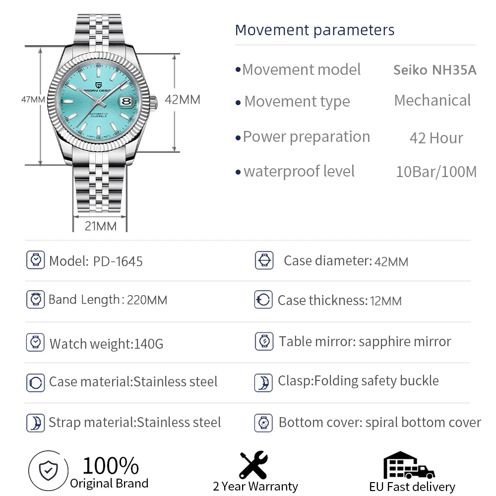 PAGANI DESIGN 42MM Men Mechanical Watches Commercial NH35 Automatic Watch 100M Waterproof Stainless Steel Watch for Men