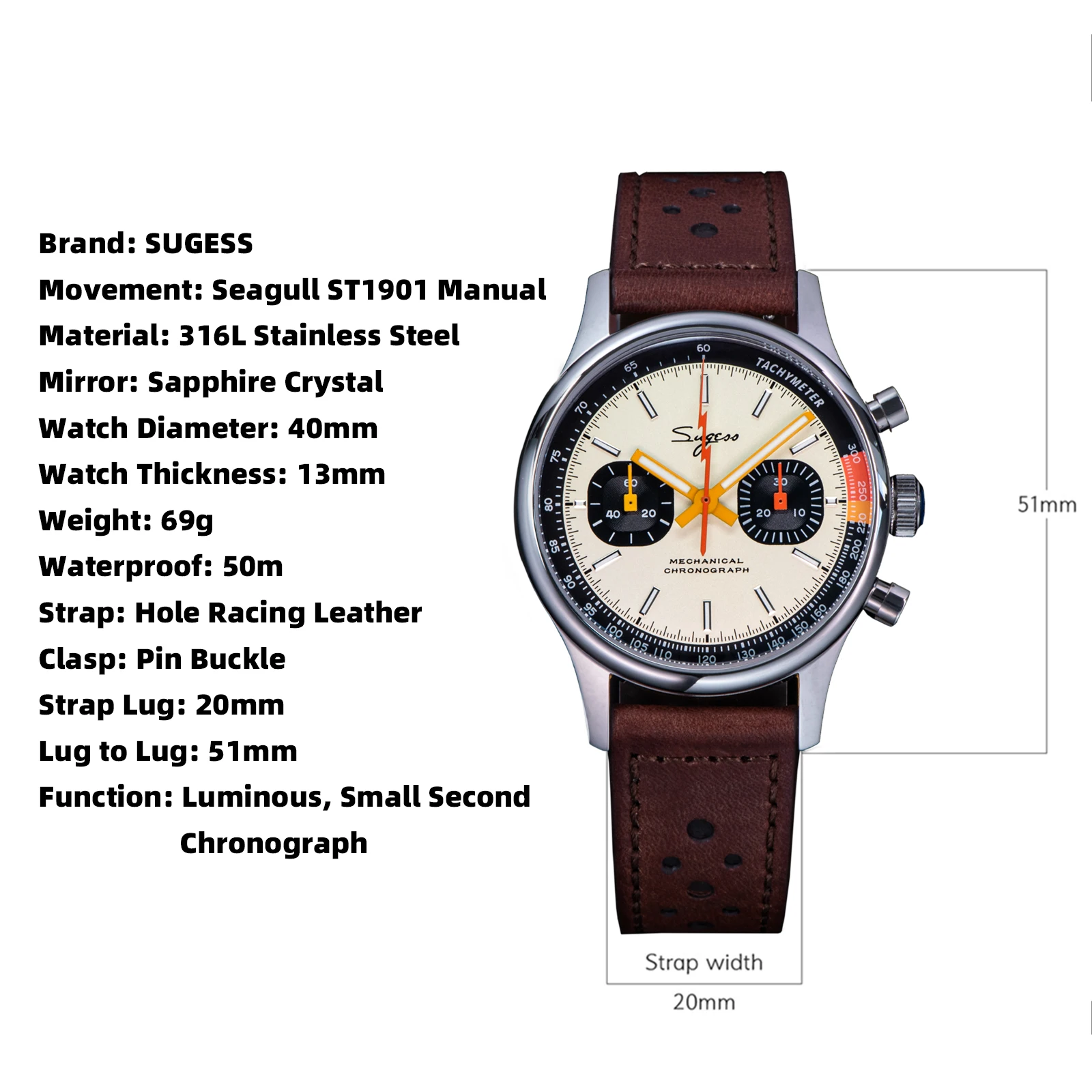 Sugess Watch of Men Chronograph Mechanical Wristwatches with Seagull ST19 Swanneck Movement Pilot Sapphire Crystal Racing V2 New