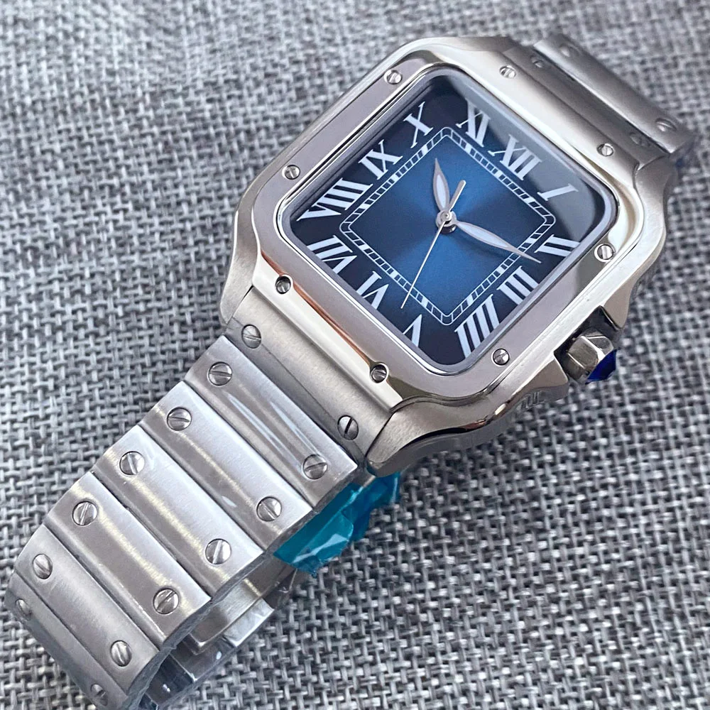 38mm Japan NH35A Modify Stainless Steel Mineral Glass Automatic Luxury Blue Dial Square Men Watch Roman Number Marks Grass Back