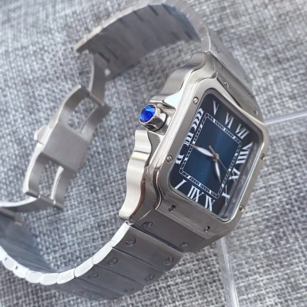 38mm Japan NH35A Modify Stainless Steel Mineral Glass Automatic Luxury Blue Dial Square Men Watch Roman Number Marks Grass Back
