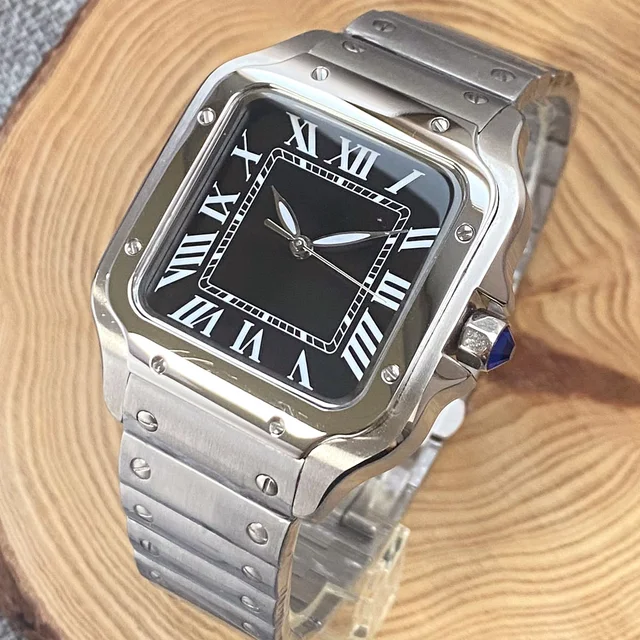 38mm Japan NH35A Modify Stainless Steel Mineral Glass Automatic Luxury Blue Dial Square Men Watch Roman Number Marks Grass Back