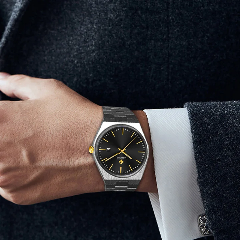 WWOOR  Man's Watches Luxury Quartz Wrist Watch For Men Stainless Steel Sapphire Glass Automatic Date Watch Waterproof Male