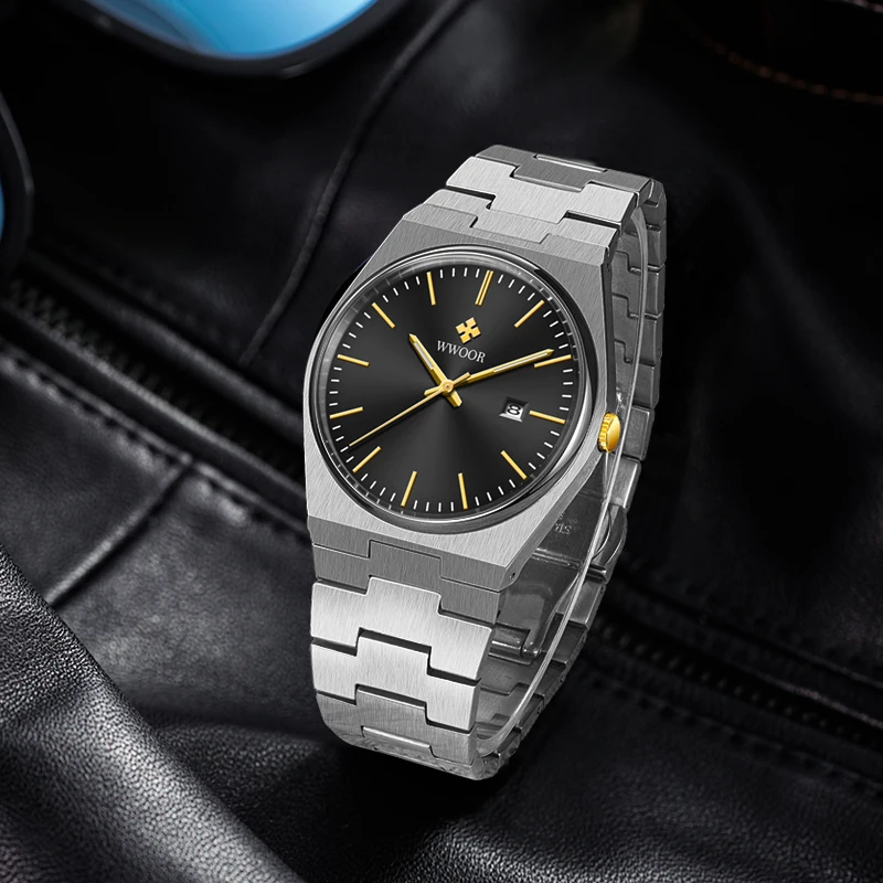 WWOOR  Man's Watches Luxury Quartz Wrist Watch For Men Stainless Steel Sapphire Glass Automatic Date Watch Waterproof Male