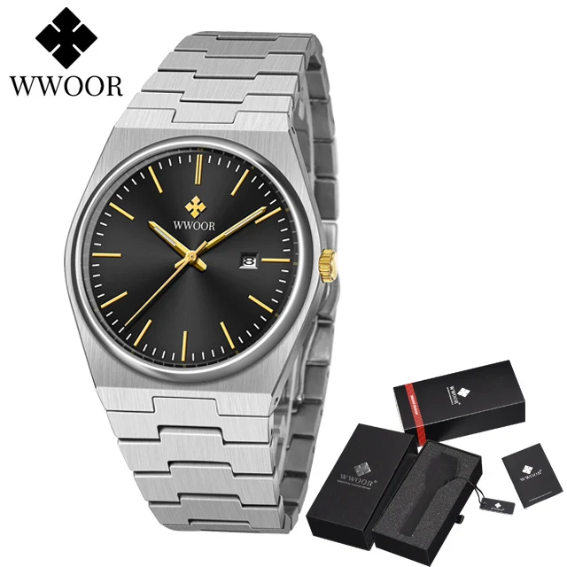 WWOOR  Man's Watches Luxury Quartz Wrist Watch For Men Stainless Steel Sapphire Glass Automatic Date Watch Waterproof Male