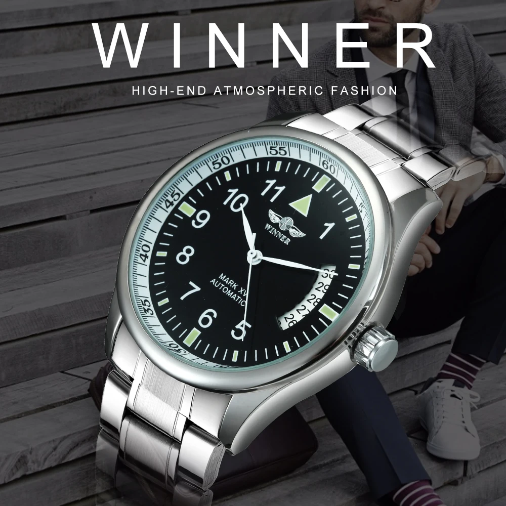 WINNER Business Automatic Watch for Men Fashion Calendar Black Minimalist Dial Mechanical Watches Stainless Steel Leather Strap