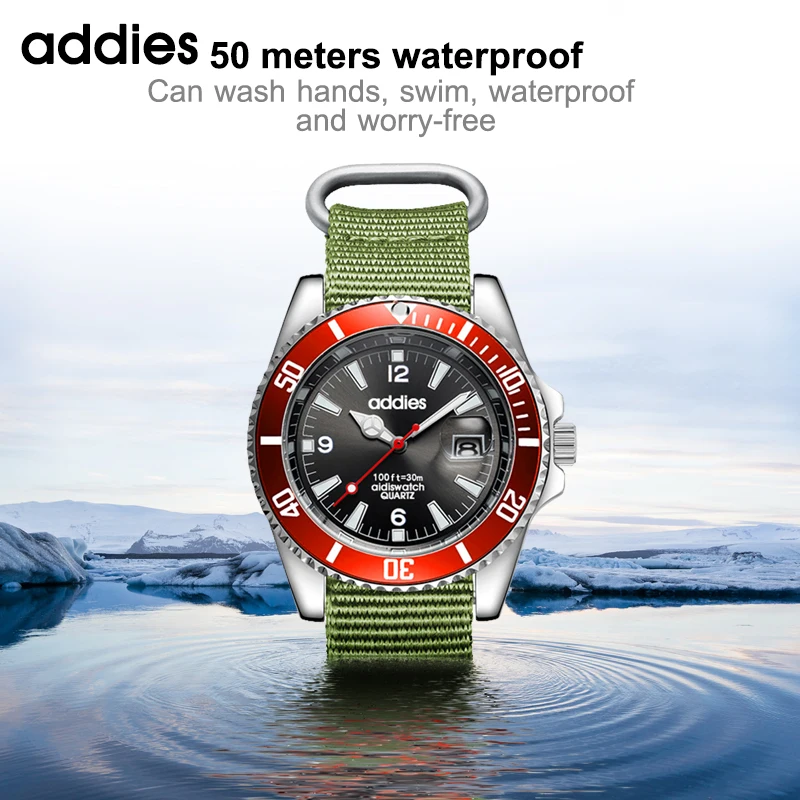 ADDIES Men's Stainless Steel Diving Watch Waterproof 50 Meters Quartz Movement Blue Luxury Business Military Watch Sports Clock