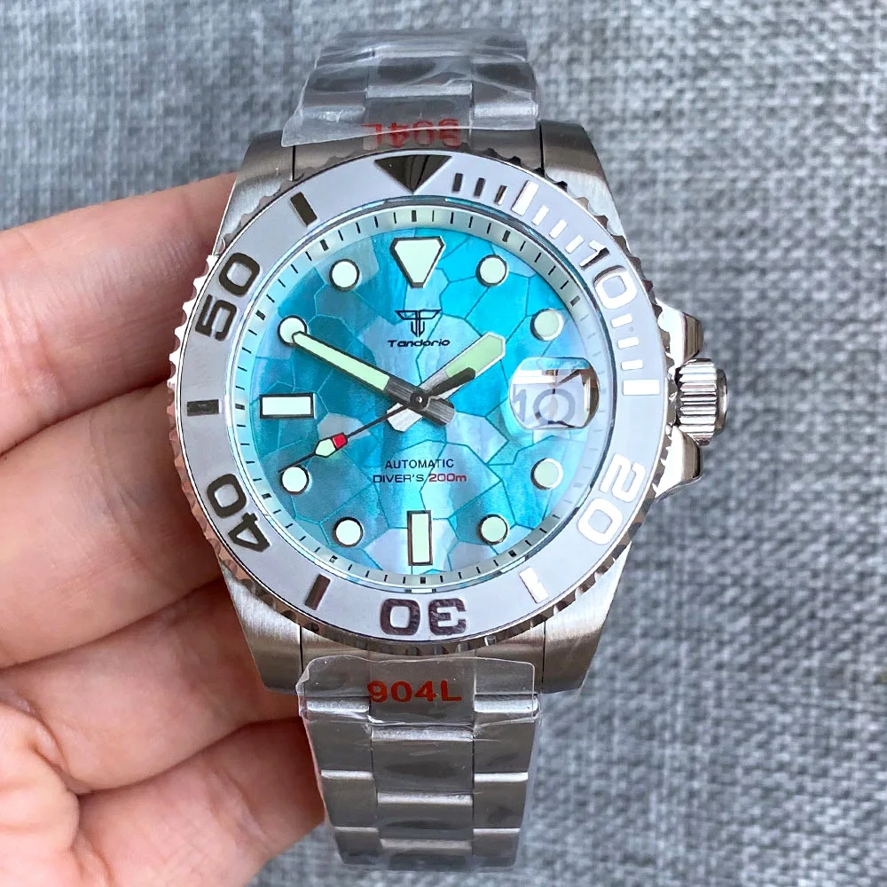 40mm Diver Tandorio MOP Ice Blue Dial NH35 Mechanical Watch Men White Chapter Ring Jubilee Bracelet Cyclops 38mm Insert