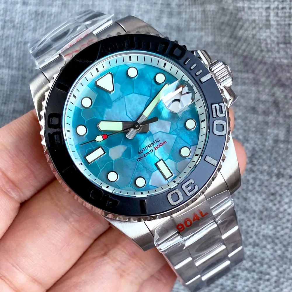 40mm Diver Tandorio MOP Ice Blue Dial NH35 Mechanical Watch Men White Chapter Ring Jubilee Bracelet Cyclops 38mm Insert