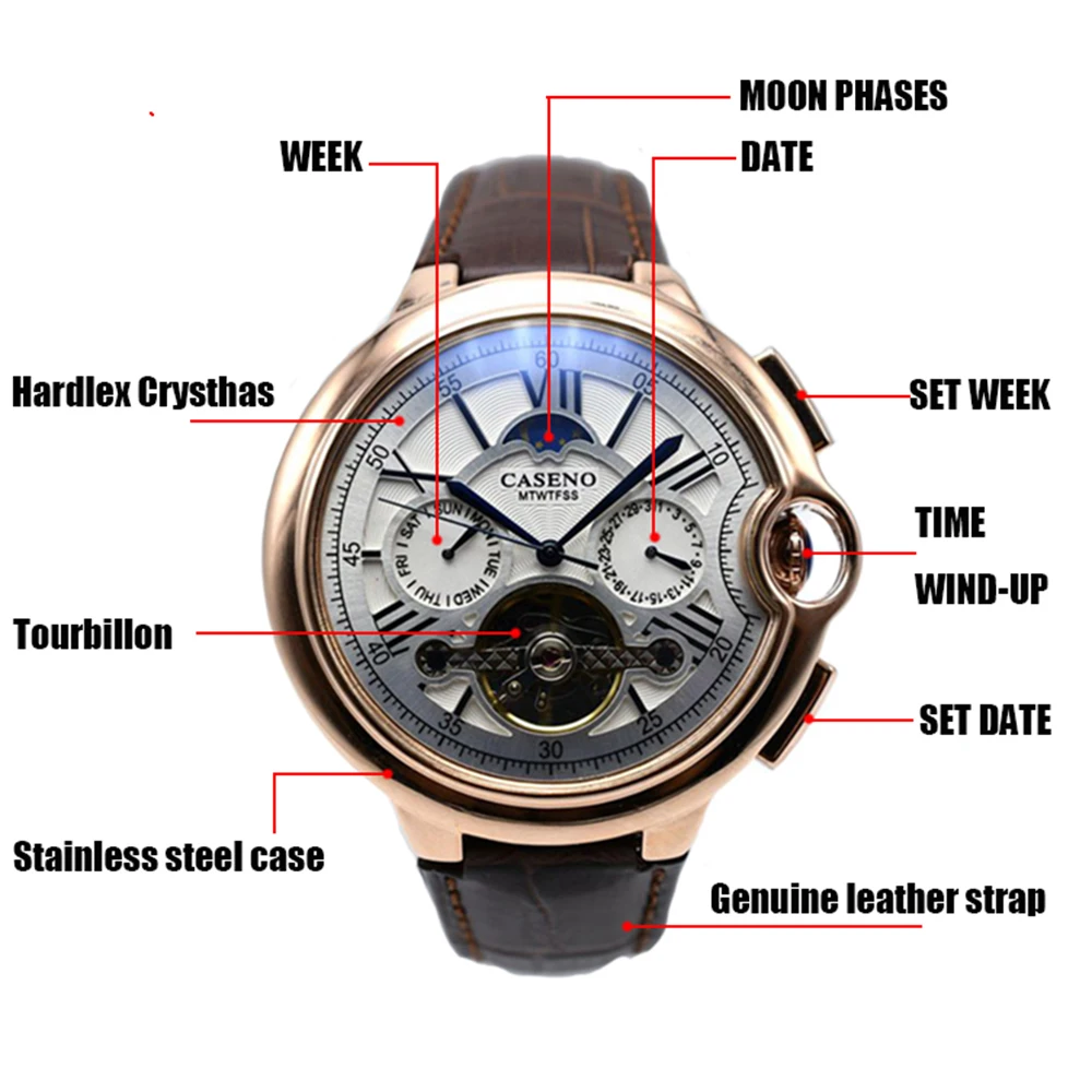 Tourbillon Mens Watch Top Brand Luxury Belt Watch Men Automatic Mechanical Wristwatch Skeleton Sport Male Clocks relogio CASENOP