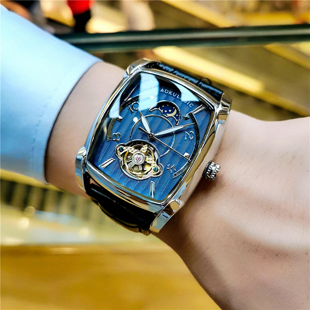 Tonneau Moon Phase Automatic Watch for Men Luxury Brand Tourbillon Skeleton Mechanical Watches Leather Belt Luminous Hands Clock
