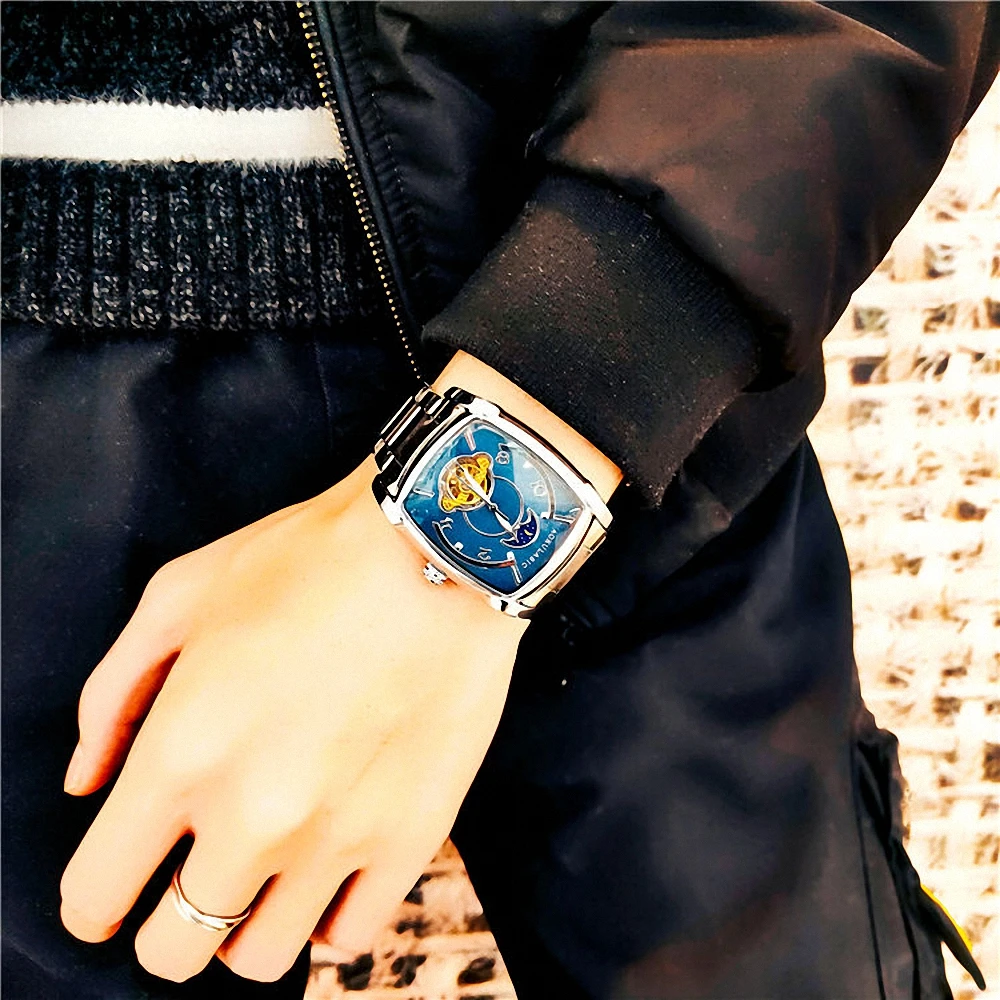 Tonneau Moon Phase Automatic Watch for Men Luxury Brand Tourbillon Skeleton Mechanical Watches Leather Belt Luminous Hands Clock
