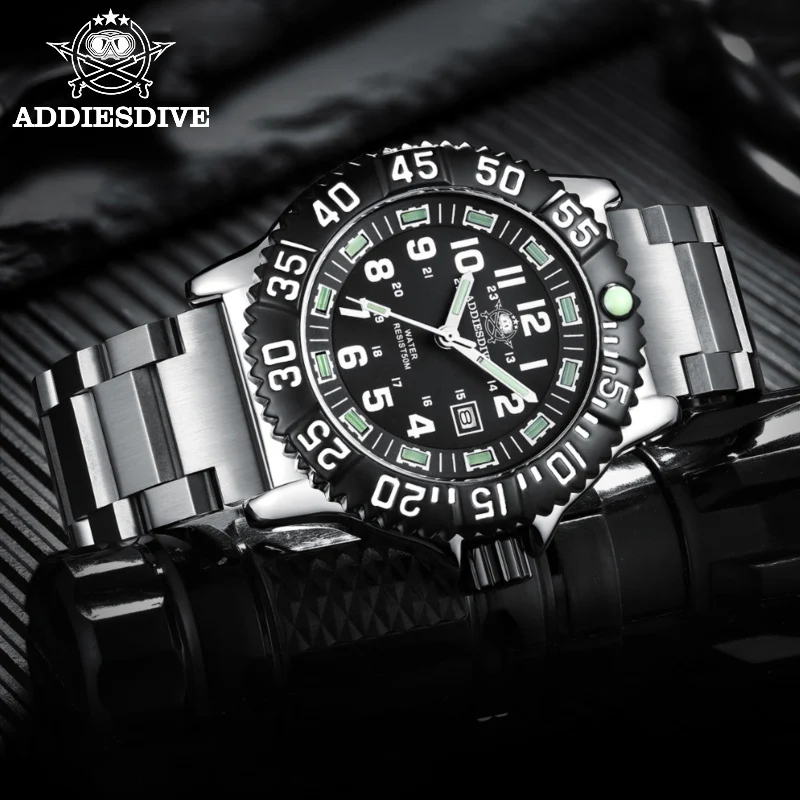 Addies Dive Men Watch 316L Stainless Steel Strap Black Dial 50m Waterproof Watch Luminous Hand 51mm Alloy Case Sports Watch