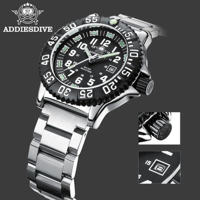Addies Dive Men Watch 316L Stainless Steel Strap Black Dial 50m Waterproof Watch Luminous Hand 51mm Alloy Case Sports Watch