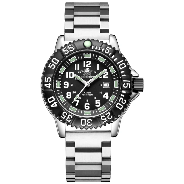 Addies Dive Men Watch 316L Stainless Steel Strap Black Dial 50m Waterproof Watch Luminous Hand 51mm Alloy Case Sports Watch