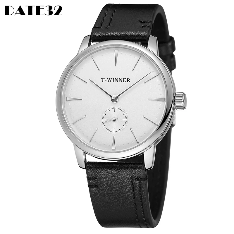 Classic Simple Men Hand Wind Mechanical Watch Elegant Black and White Reloj Genuine Leather Band Winding Male Wristwatch Clock