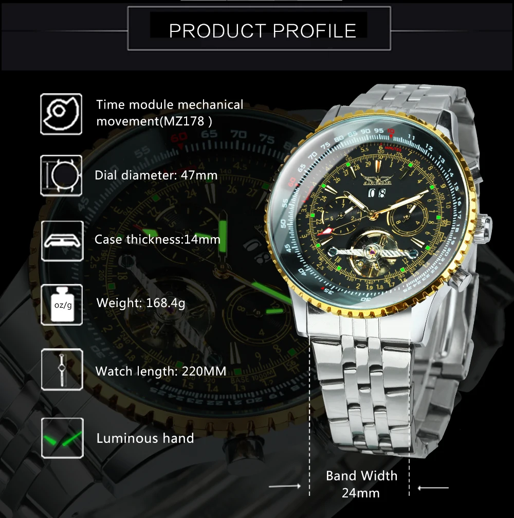 Jaragar Military Sports Automatic Watch for Men Multifunction Dial Tourbillon Skeleton Mechanical Watches Luxury Steel Band Glow