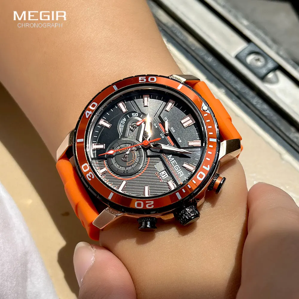 MEGIR Orange Sport Watch for Men Fashion Waterproof Silicone Strap Chronograph Quartz Wristwatch with Auto Date Luminous hands