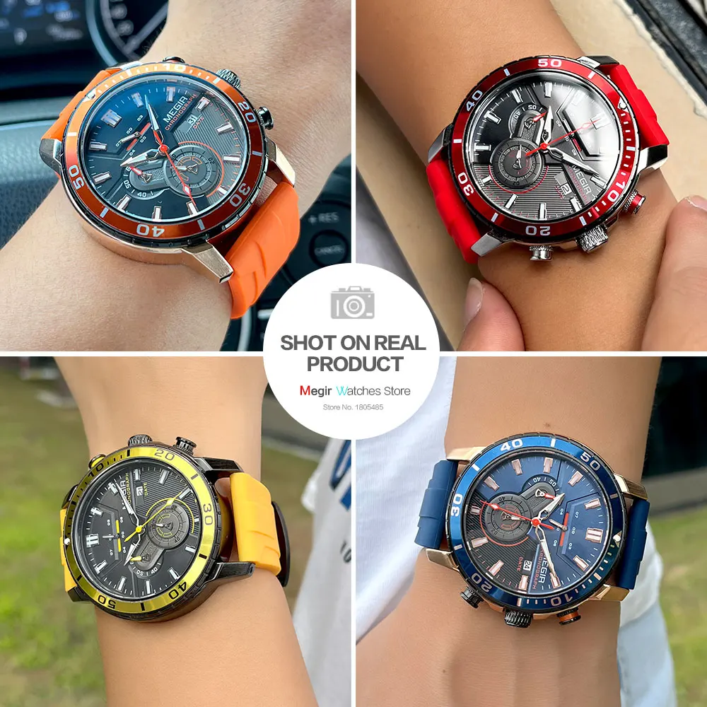 MEGIR Orange Sport Watch for Men Fashion Waterproof Silicone Strap Chronograph Quartz Wristwatch with Auto Date Luminous hands