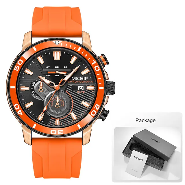 MEGIR Orange Sport Watch for Men Fashion Waterproof Silicone Strap Chronograph Quartz Wristwatch with Auto Date Luminous hands