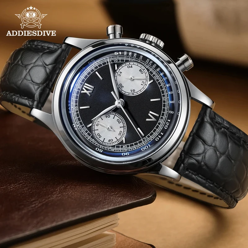 ADDIESDIVE  Men's Watches 38MM Luxury Quartz Wristwatch For Men Retro Chronograph 100M Waterproof Clock Leather Diving Watch