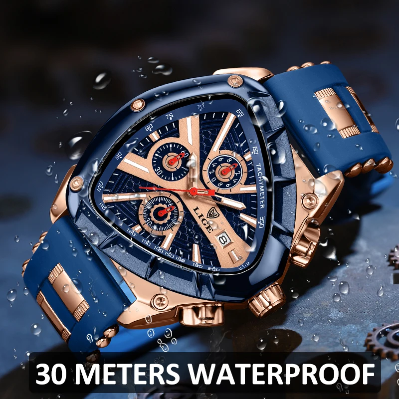 LIGE Sports Triangle Mens Watches Luminous Pointers Fashion Rubber Strap Military Irregular Quartz Wristwatch Waterproof  WatchP