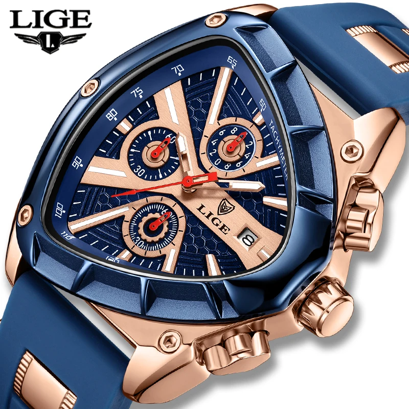 LIGE Sports Triangle Mens Watches Luminous Pointers Fashion Rubber Strap Military Irregular Quartz Wristwatch Waterproof  WatchP