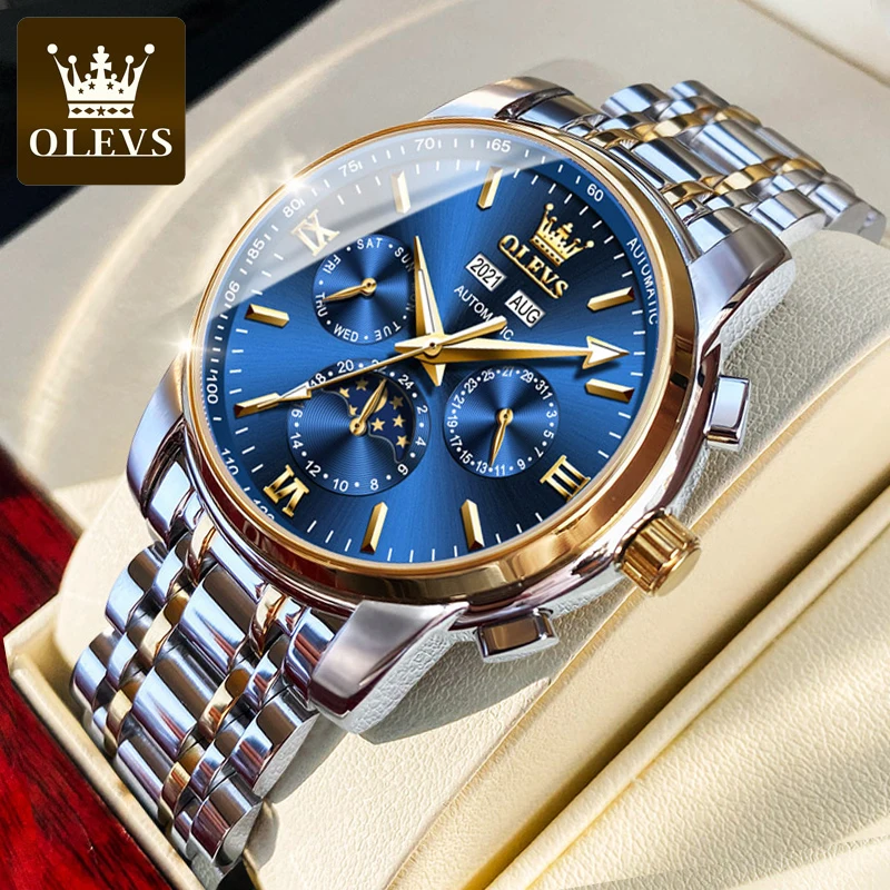 OLEVS Automatic Watches Men Mechanical Wristwatch Luxury Dress Moon Phase Stainless Steel Waterproof Luminous Wristwatch