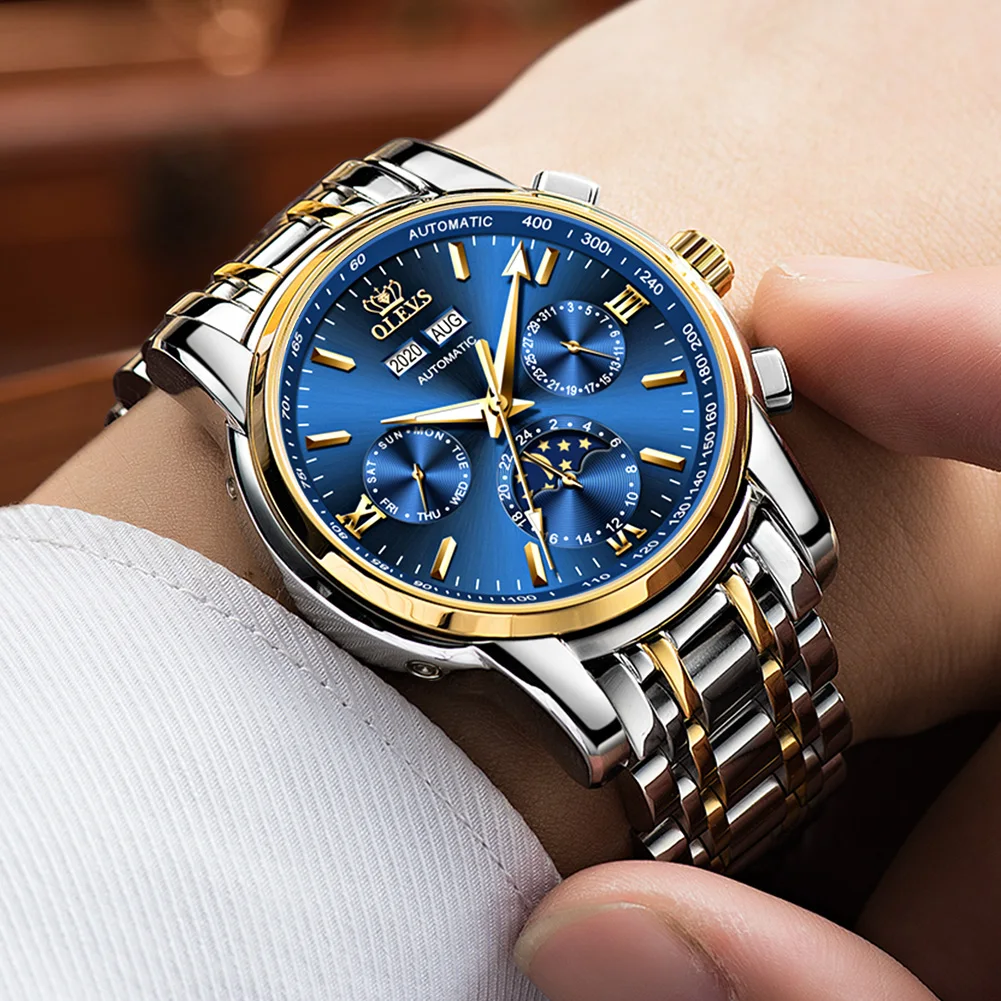OLEVS Automatic Watches Men Mechanical Wristwatch Luxury Dress Moon Phase Stainless Steel Waterproof Luminous Wristwatch