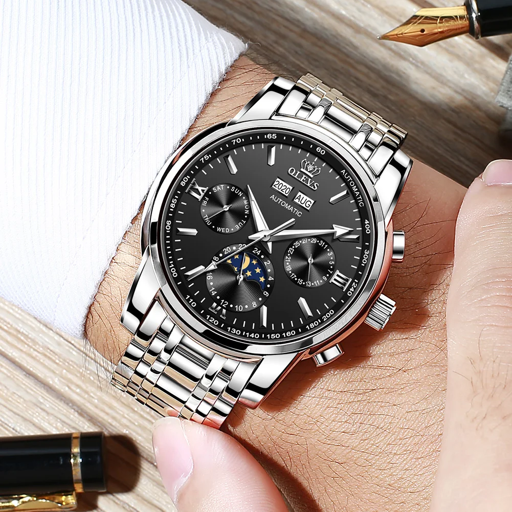 OLEVS Automatic Watches Men Mechanical Wristwatch Luxury Dress Moon Phase Stainless Steel Waterproof Luminous Wristwatch