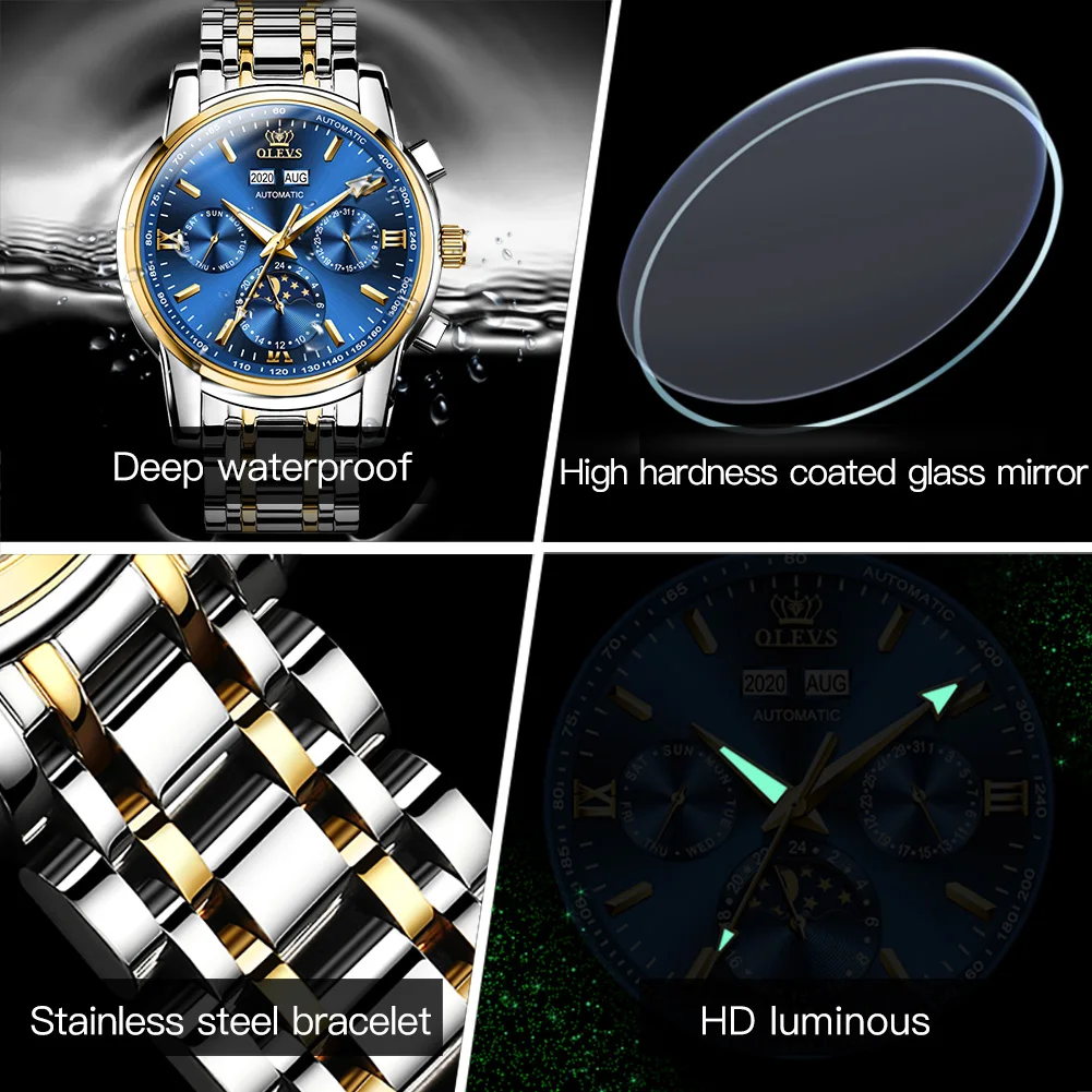 OLEVS Automatic Watches Men Mechanical Wristwatch Luxury Dress Moon Phase Stainless Steel Waterproof Luminous Wristwatch