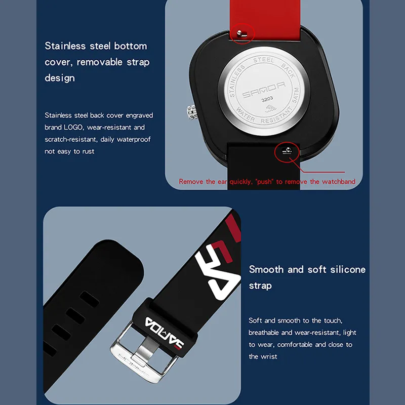 SANDA Brand Fashion Sports Quartz Watch Men Luxury Casual Waterproof Silicone Strap Men Clock  Simple Design Men Wristwatch 3203