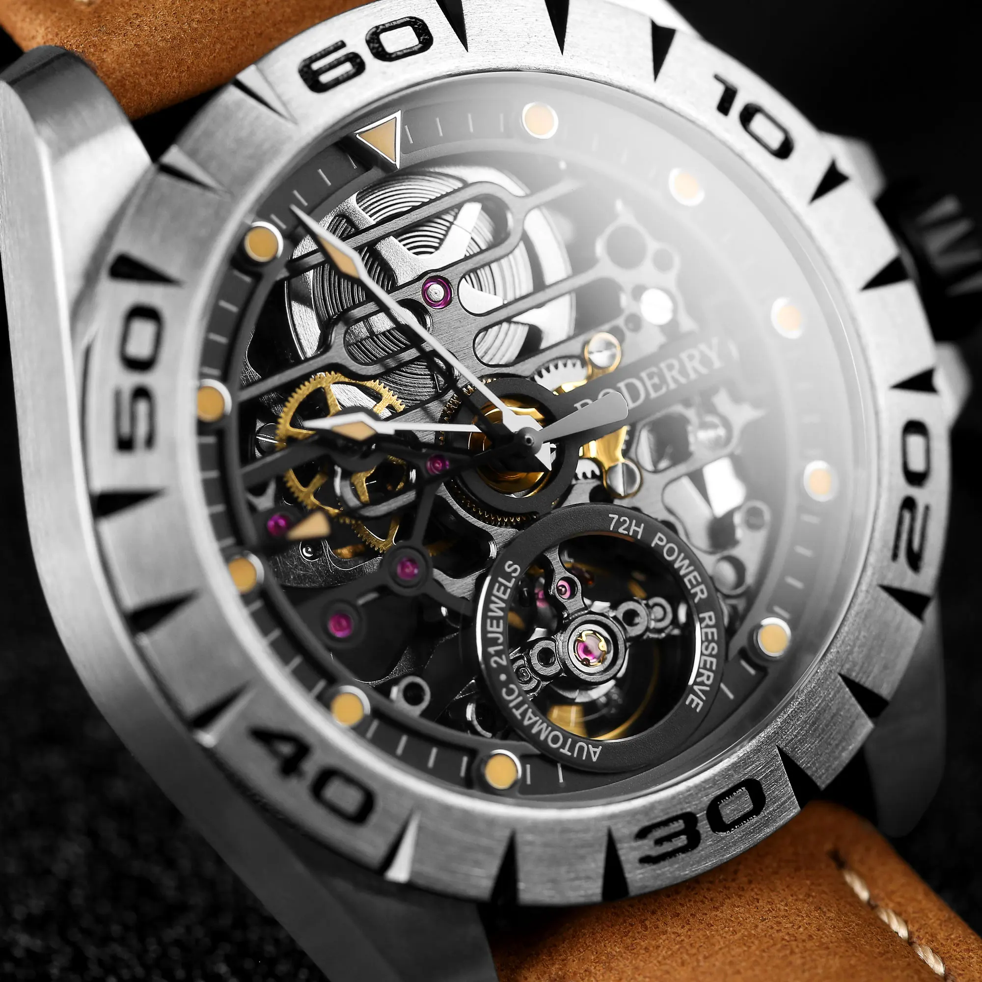 Boderry Urban Men's Titanium Watches Top Brand Fashion Skeleton Automatic Mechanical Waterproof Watch Hi-beat 72H Power-reserve