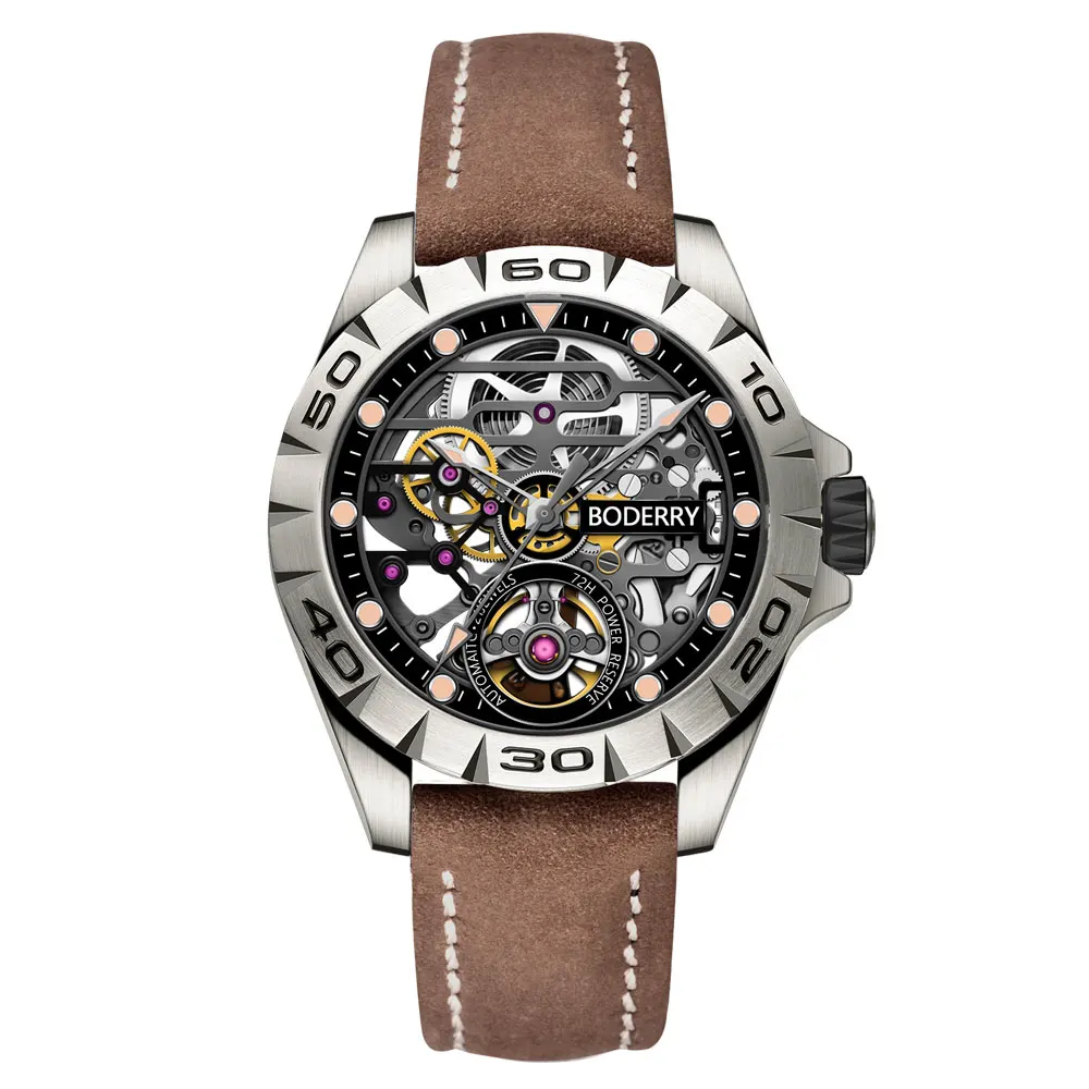 Boderry Urban Men's Titanium Watches Top Brand Fashion Skeleton Automatic Mechanical Waterproof Watch Hi-beat 72H Power-reserve
