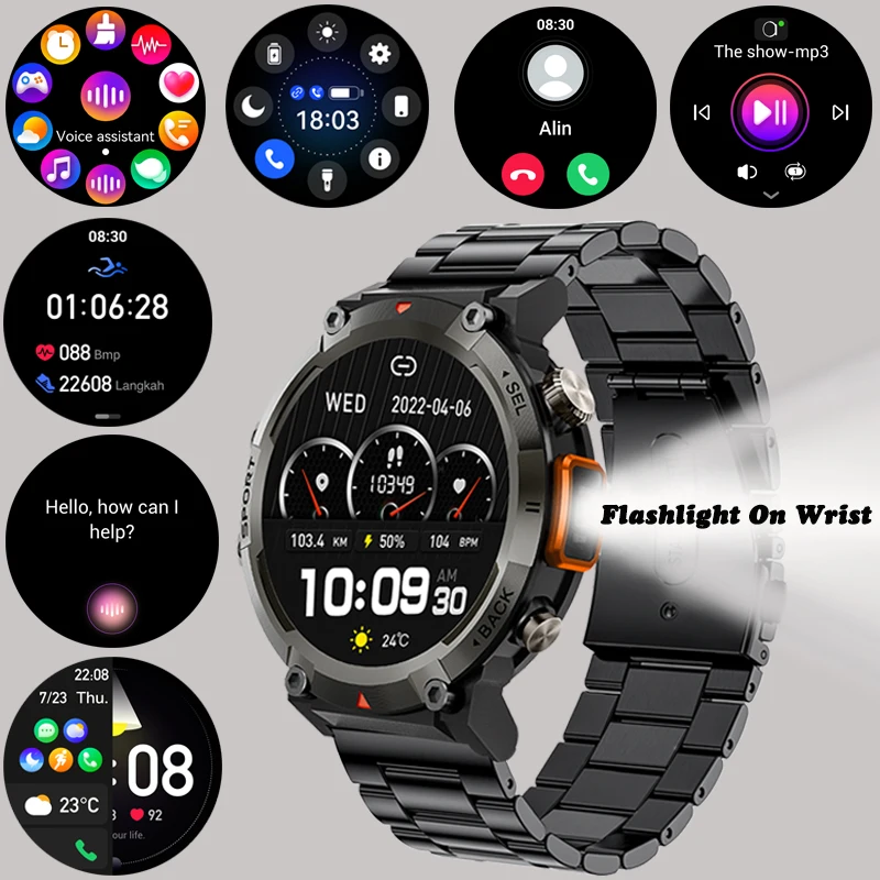 Smart Watch With Flashlight,Outdoor Sports Watch, Fitness Tracker,Bluetooth Call For Android IOS Phone 2024 Top Smartwatch