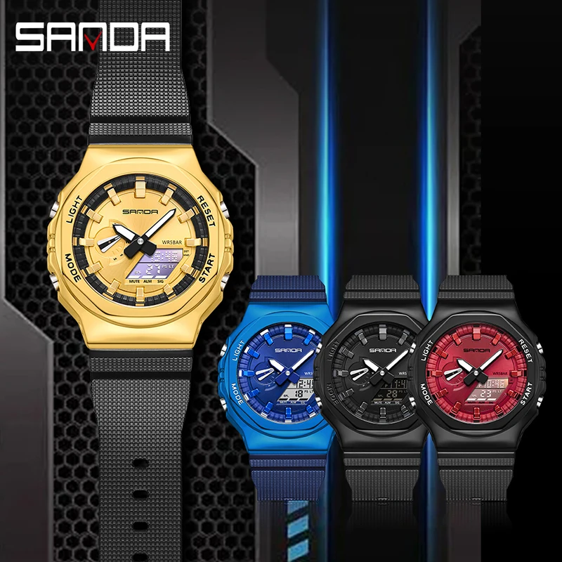 SANDA 3167 New Style Men Military Sport Wrist Watch Quartz Steel 50M Waterproof Dual Display Men Clock Watches Relogio Masculino