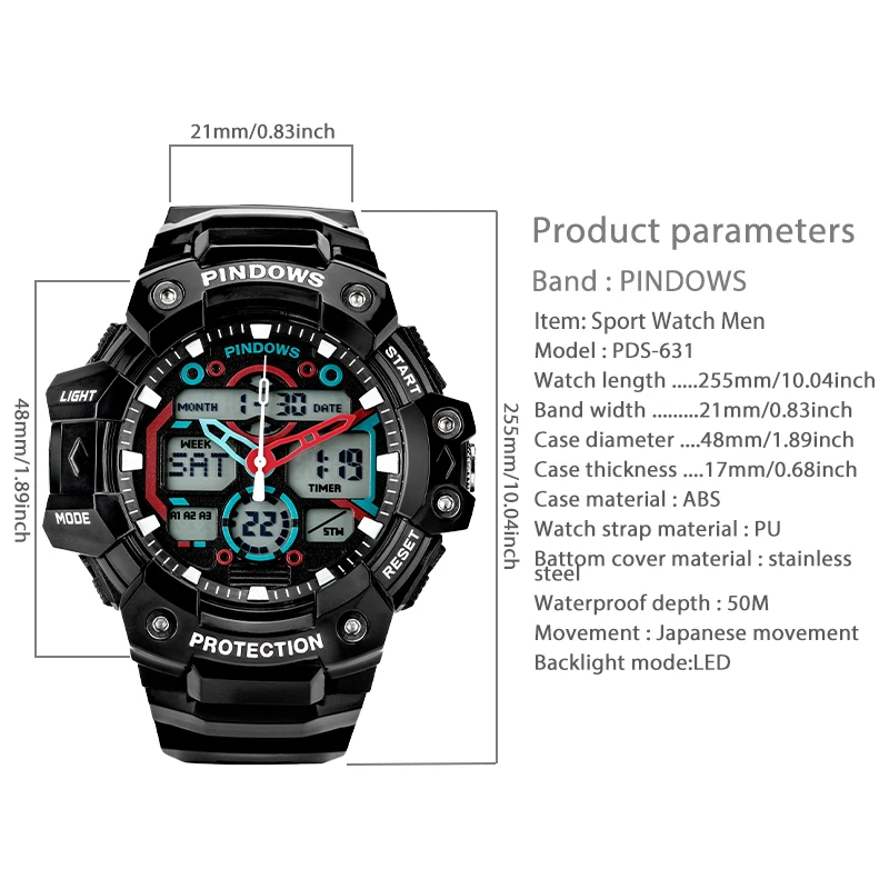 Original Large Dial Watches Men Casual Outdoor Sport Digital Led Hand Clock Boy Fashion Waterproof Male Electronic Wristwatches