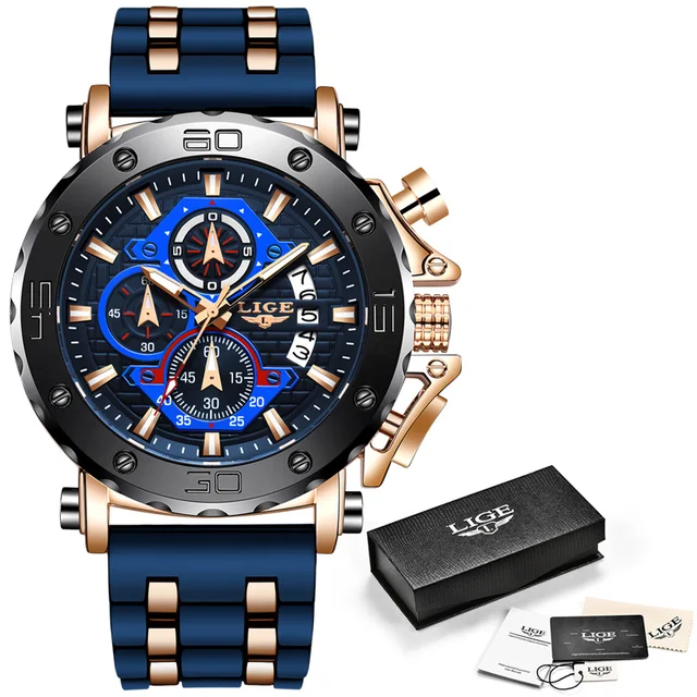 Quartz Watch LIGE Men's Wrist Watch Business Analog Chronograph Watch for Men Sport Luminous Waterproof Large Dial Watches+Box
