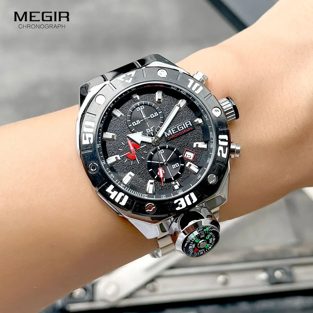 MEGIR Silver Quartz Watch Men Waterproof Luminous Sport Chronograph Wristwatch with Decorative Compass Date Stainless Steel Band