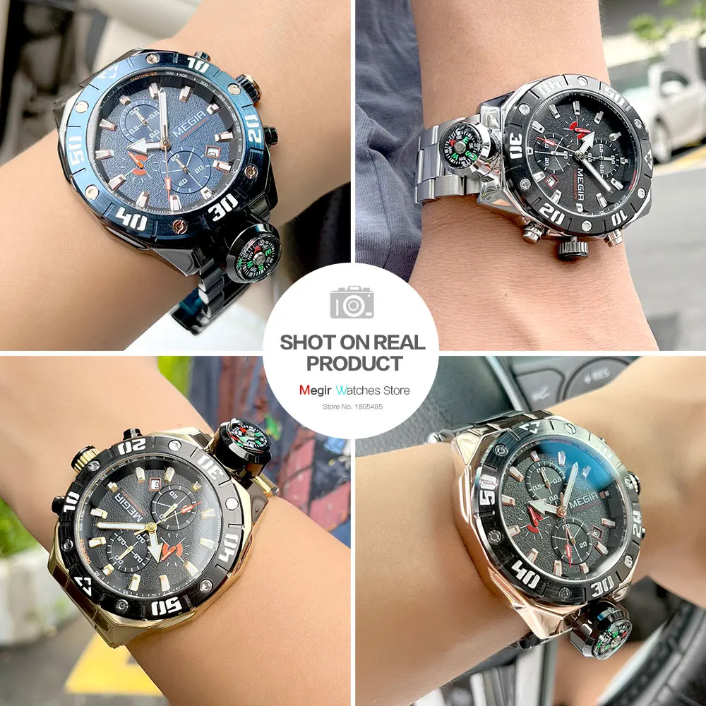 MEGIR Silver Quartz Watch Men Waterproof Luminous Sport Chronograph Wristwatch with Decorative Compass Date Stainless Steel Band