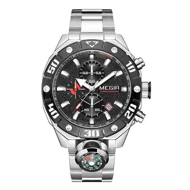 MEGIR Silver Quartz Watch Men Waterproof Luminous Sport Chronograph Wristwatch with Decorative Compass Date Stainless Steel Band