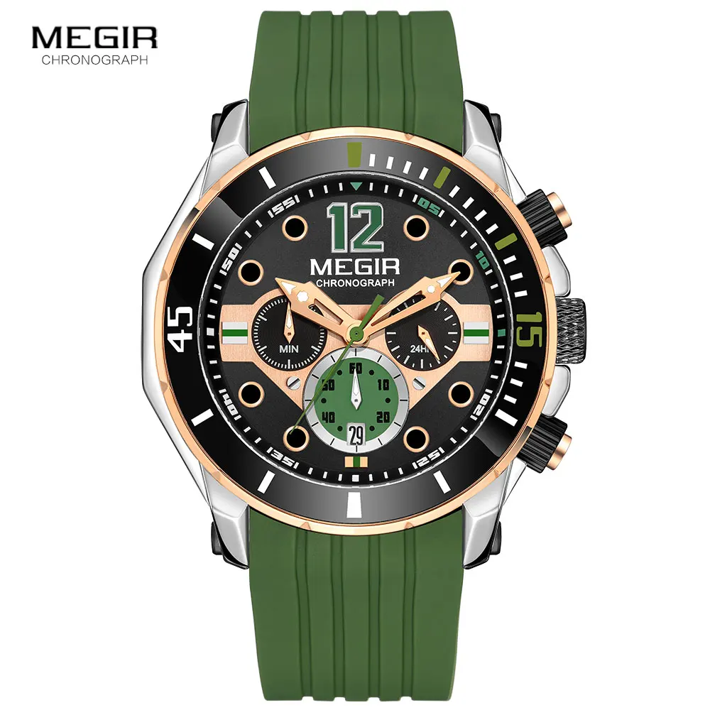 MEGIR Olive Green Sport Watches for Men Fashion Chronograph Quartz Wristwatch Waterproof 24-hour Display Watch часы мужские 2206